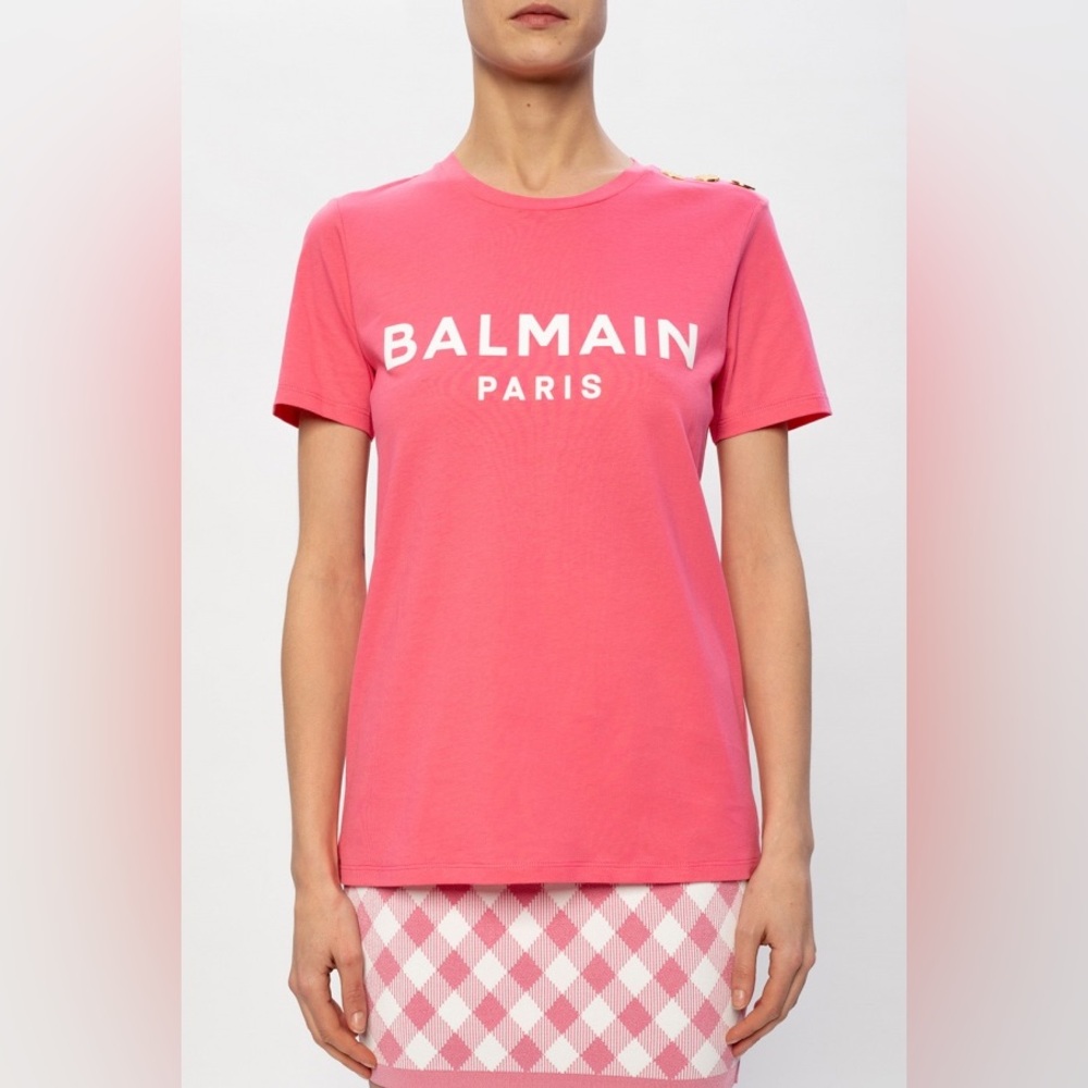 BALMAIN Logo Printed Gold Button Crewneck T-Shirt